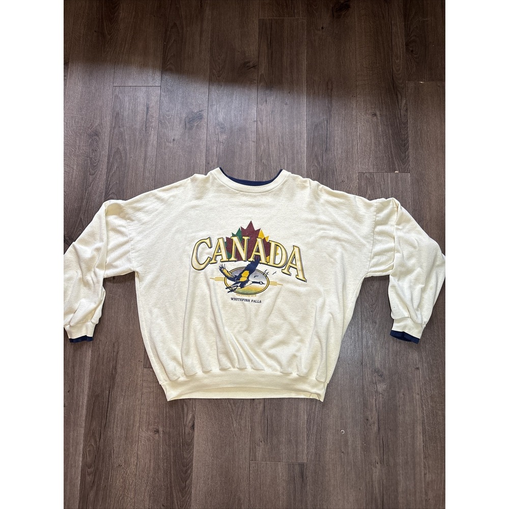 Vintage Whitefish Falls Canada Sweatshirt Mens‎ Cream Duck Vtg 90s Pullover THIN